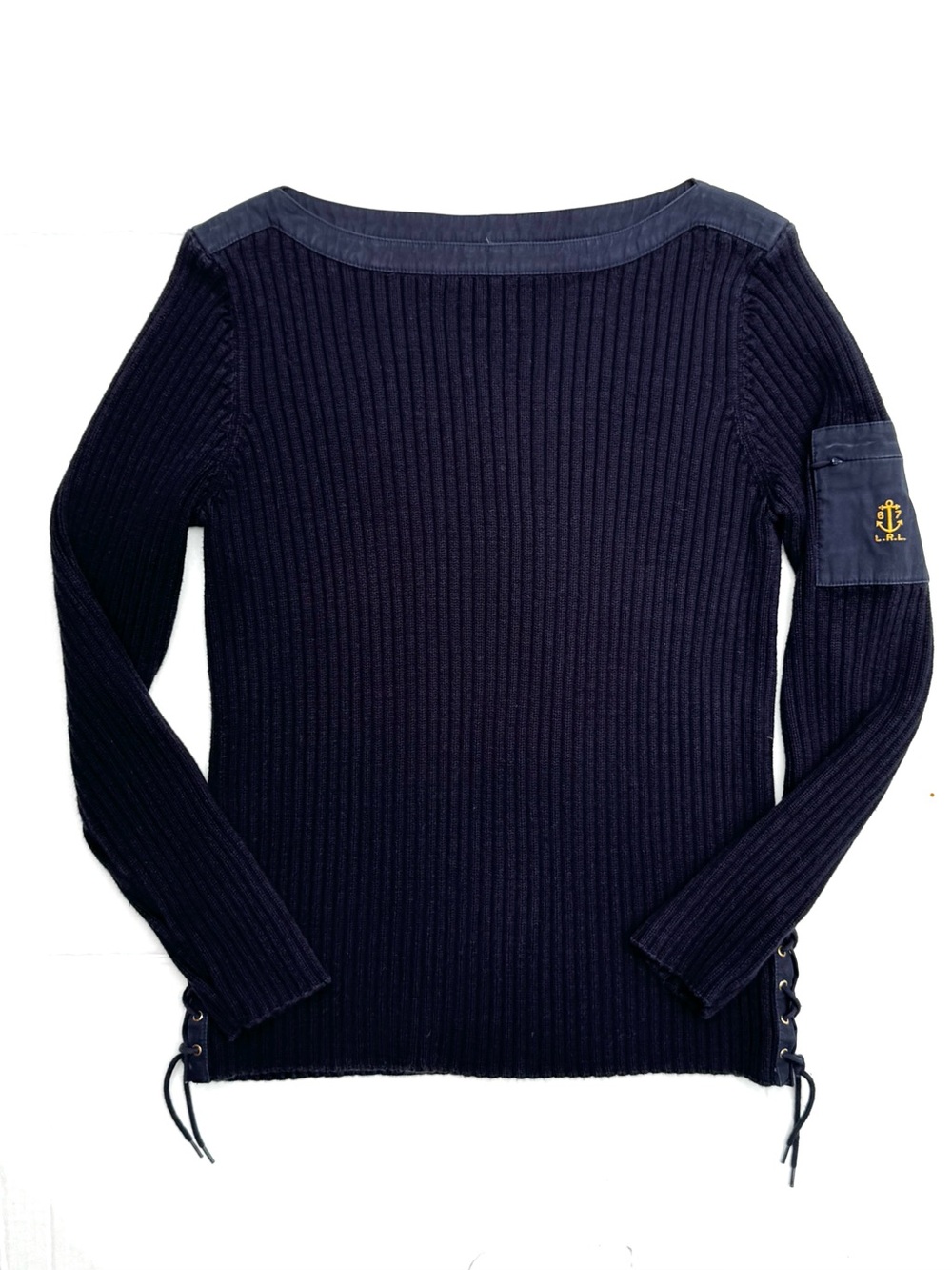Ralph Lauren Navy Ribbed Knit Sweater with Embroidered emblem